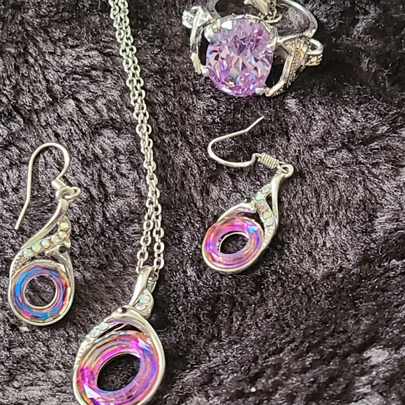 Gorgeous s925 purple/ pink irridescent peacock jewelry set - Picture 1 of 7